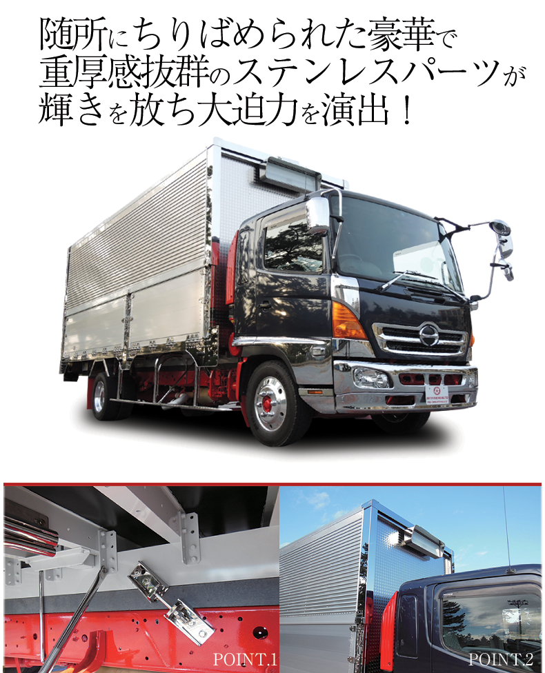 随所にちりばめられた豪華で重厚感抜群のステンレスパーツが輝きを放ち大迫力を演出！