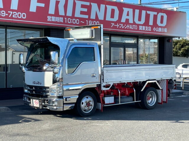 いすゞ　エルフ　平ボディ　5MT　フロントバイザー　プロテク縞板　木床　内装生地張り